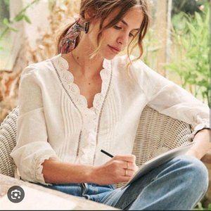 Sezane Celia White Eyelet Linen Cotton Blouse Top